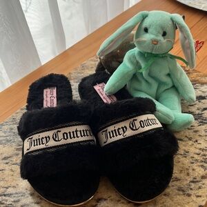Juicy Couture Black Furry Slides,Ladies Size Small, which is US 5-6,nice sole
